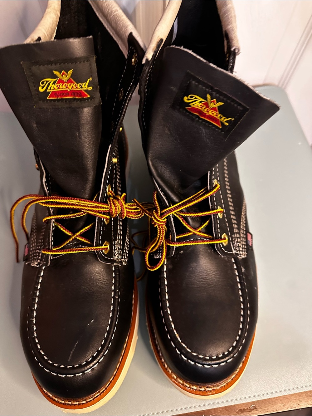 Men’s Black Moc Toe Work Boots with Yellow-Brown Laces # Throgood
